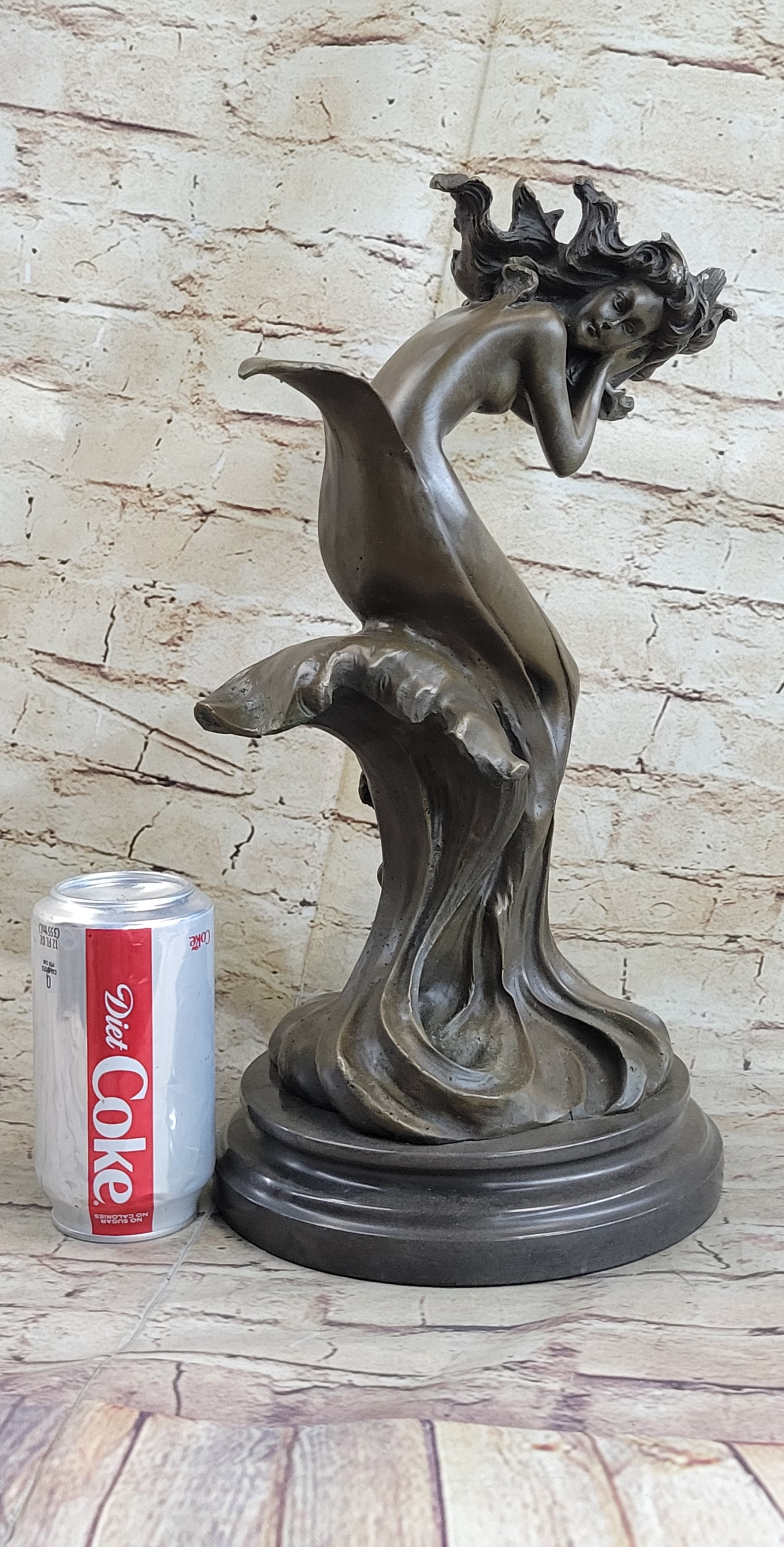 Water Goddess Mermaid Girl in Ocean Waves Bronze Sculpture