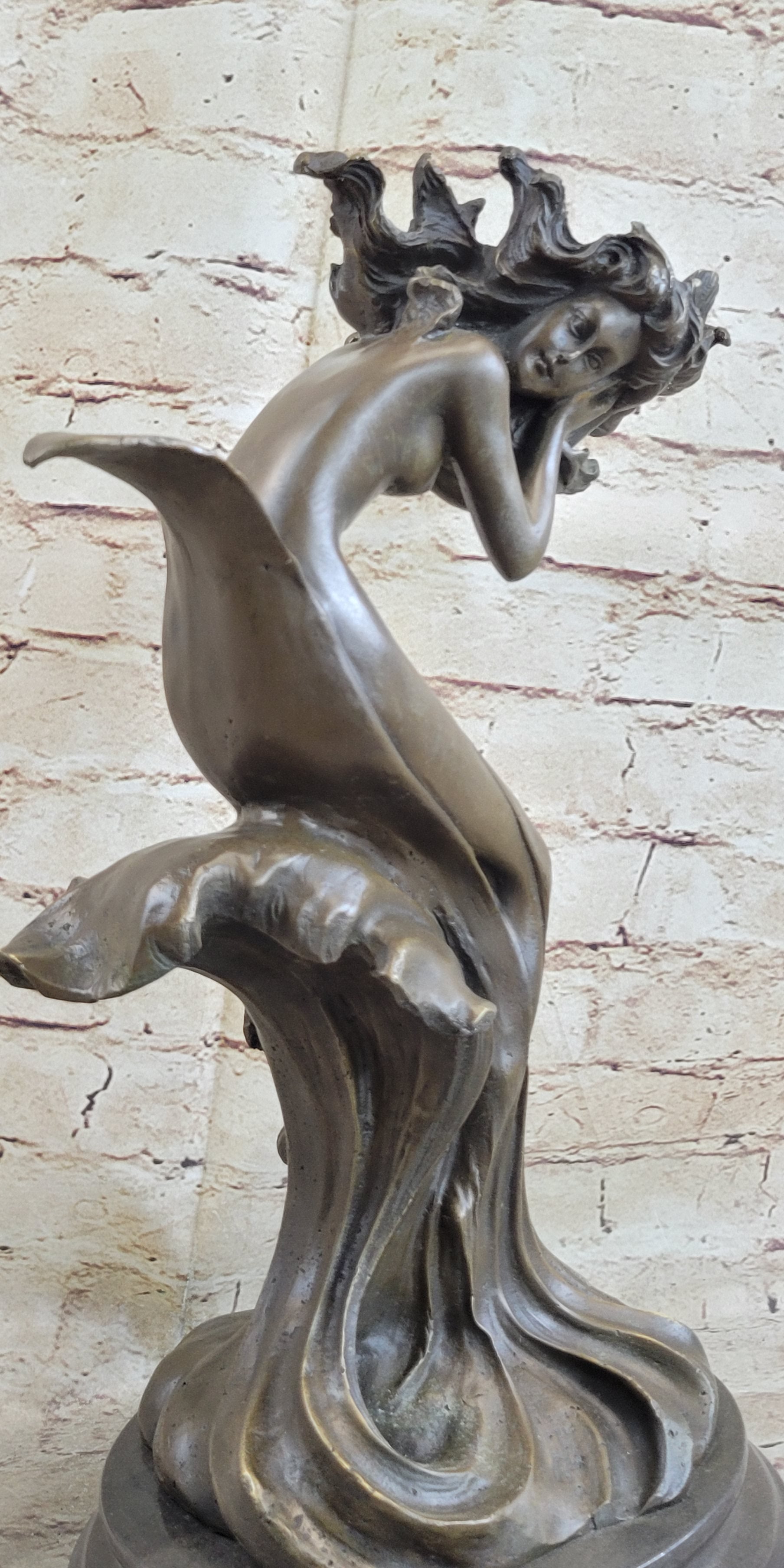 Water Goddess Mermaid Girl in Ocean Waves Bronze Sculpture