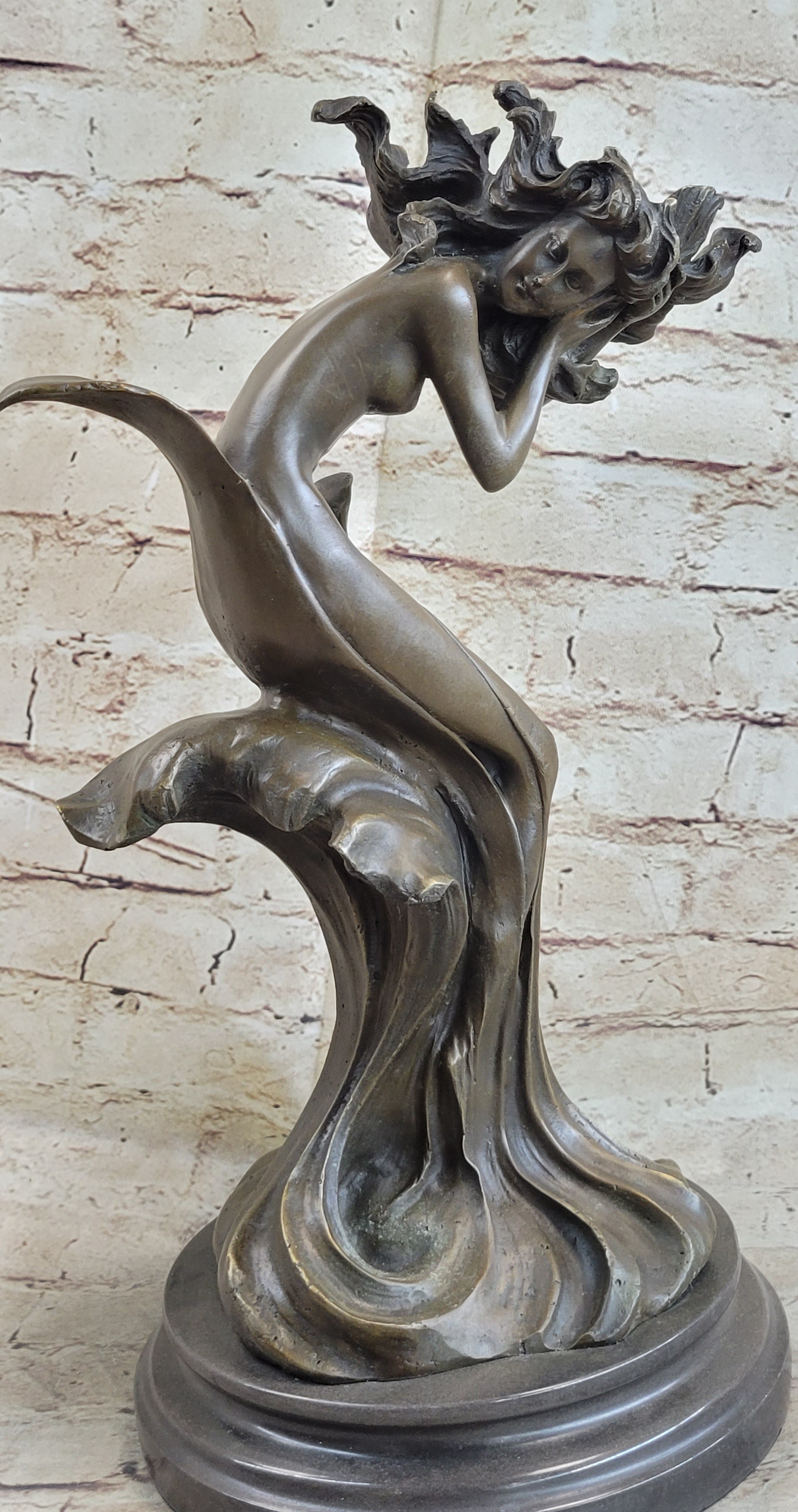 Water Goddess Mermaid Girl in Ocean Waves Bronze Sculpture