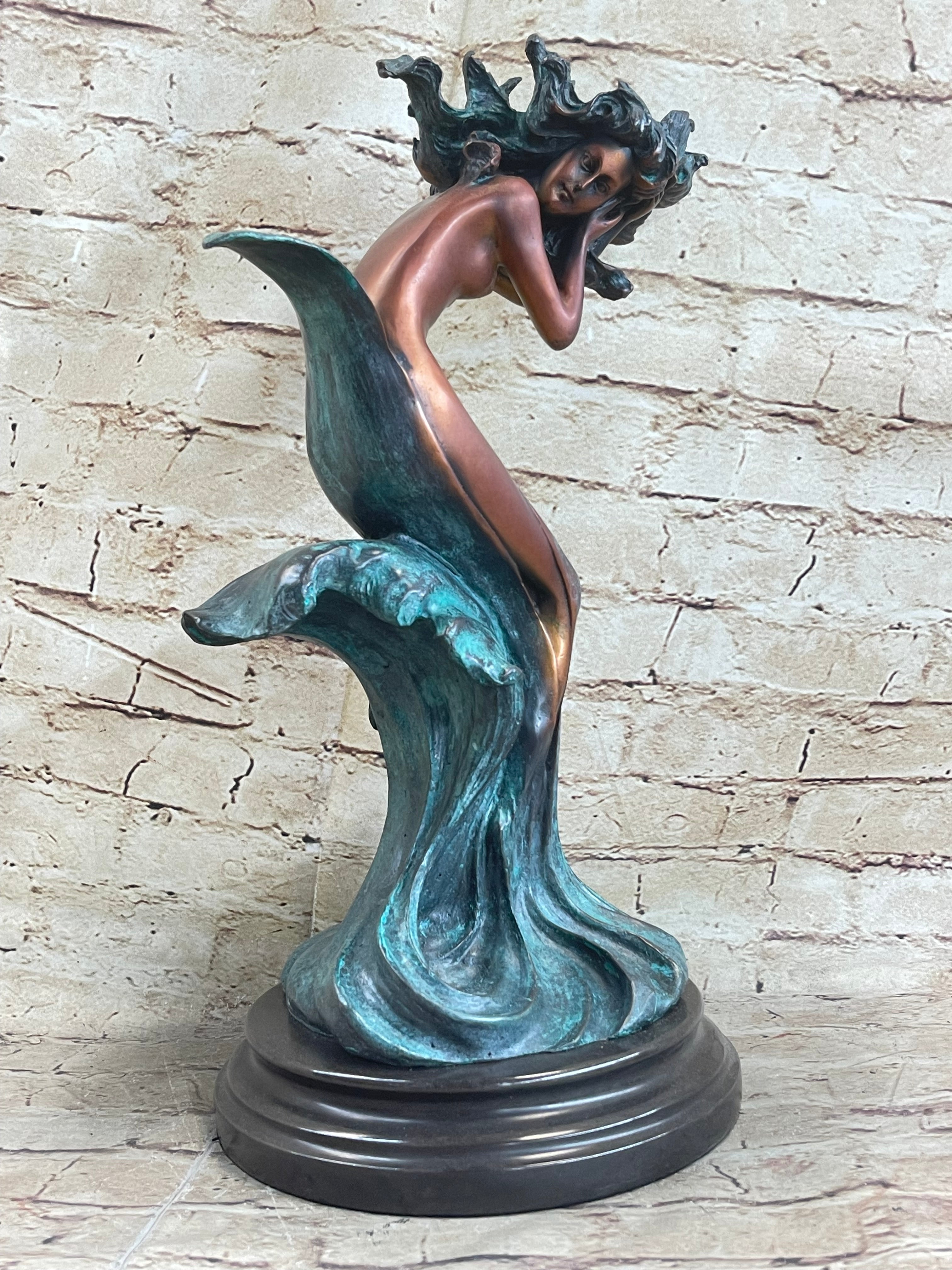 Water Goddess Mermaid Nude Female Aquatic Figure Bronze Statue Sculpture 16" x 9"