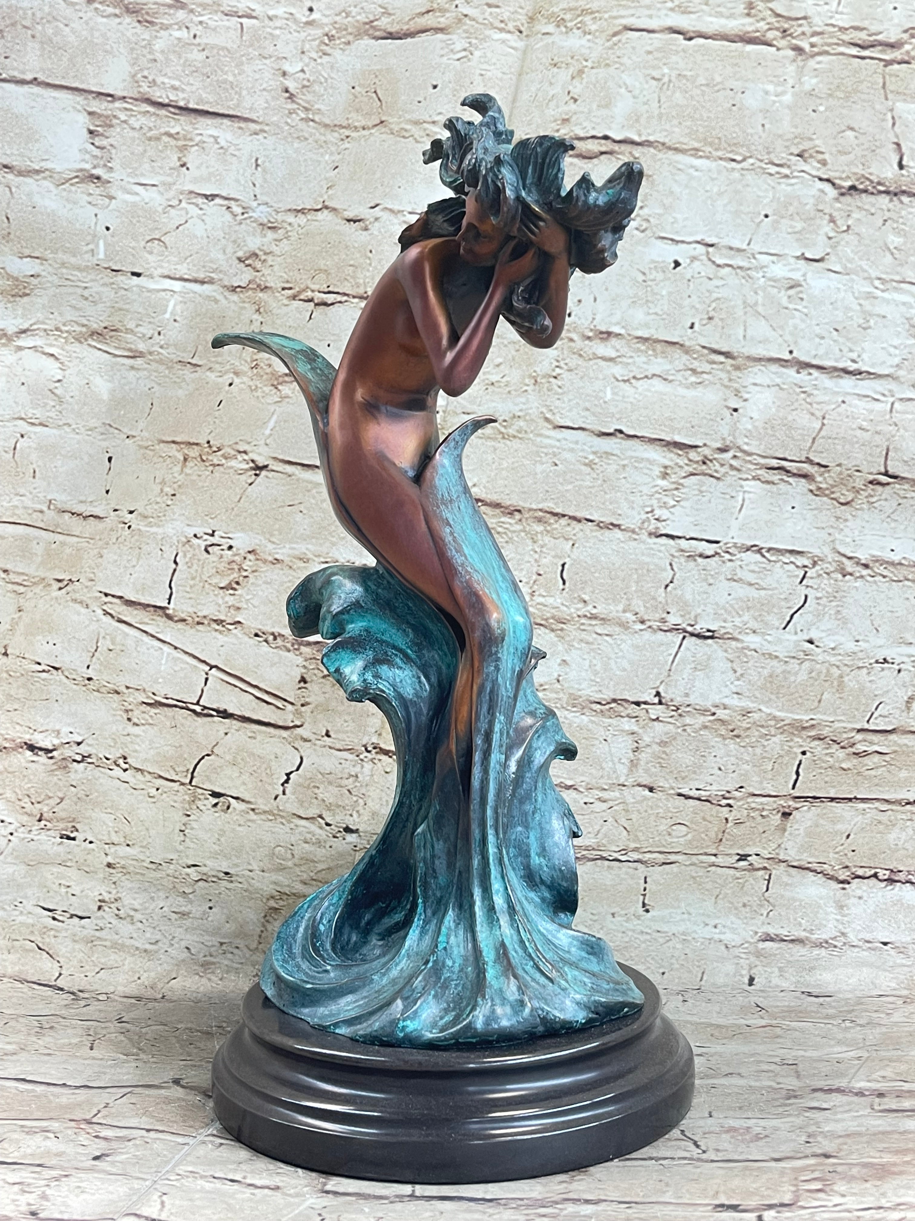 Water Goddess Mermaid Nude Female Aquatic Figure Bronze Statue Sculpture 16" x 9"