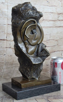 Abstract Bronze Face Sculpture Marble Base Modern Cubism