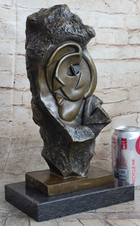 Abstract Bronze Face Sculpture Marble Base Modern Cubism