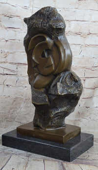 Abstract Bronze Face Sculpture Marble Base Modern Cubism