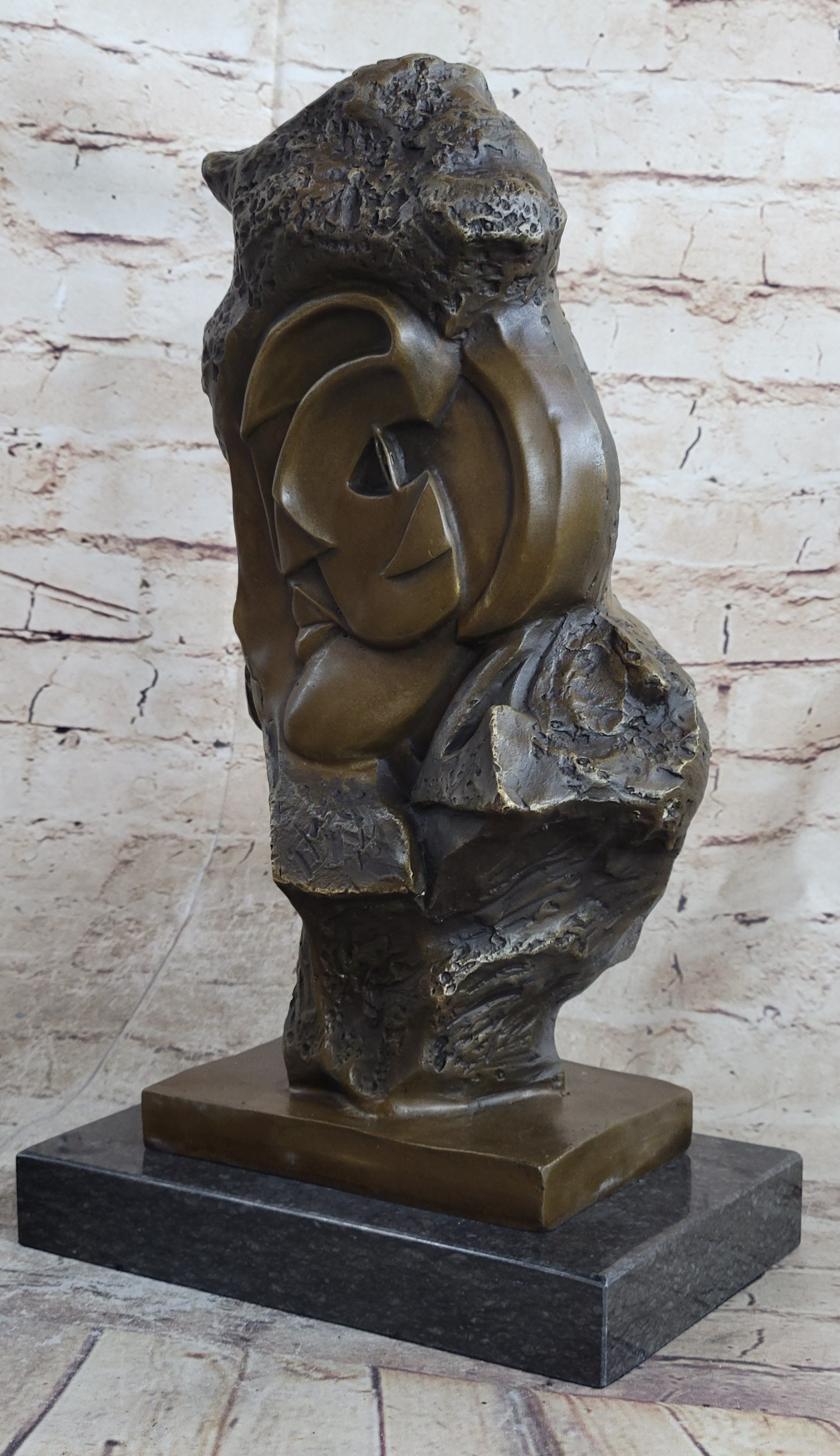 Abstract Bronze Face Sculpture Marble Base Modern Cubism