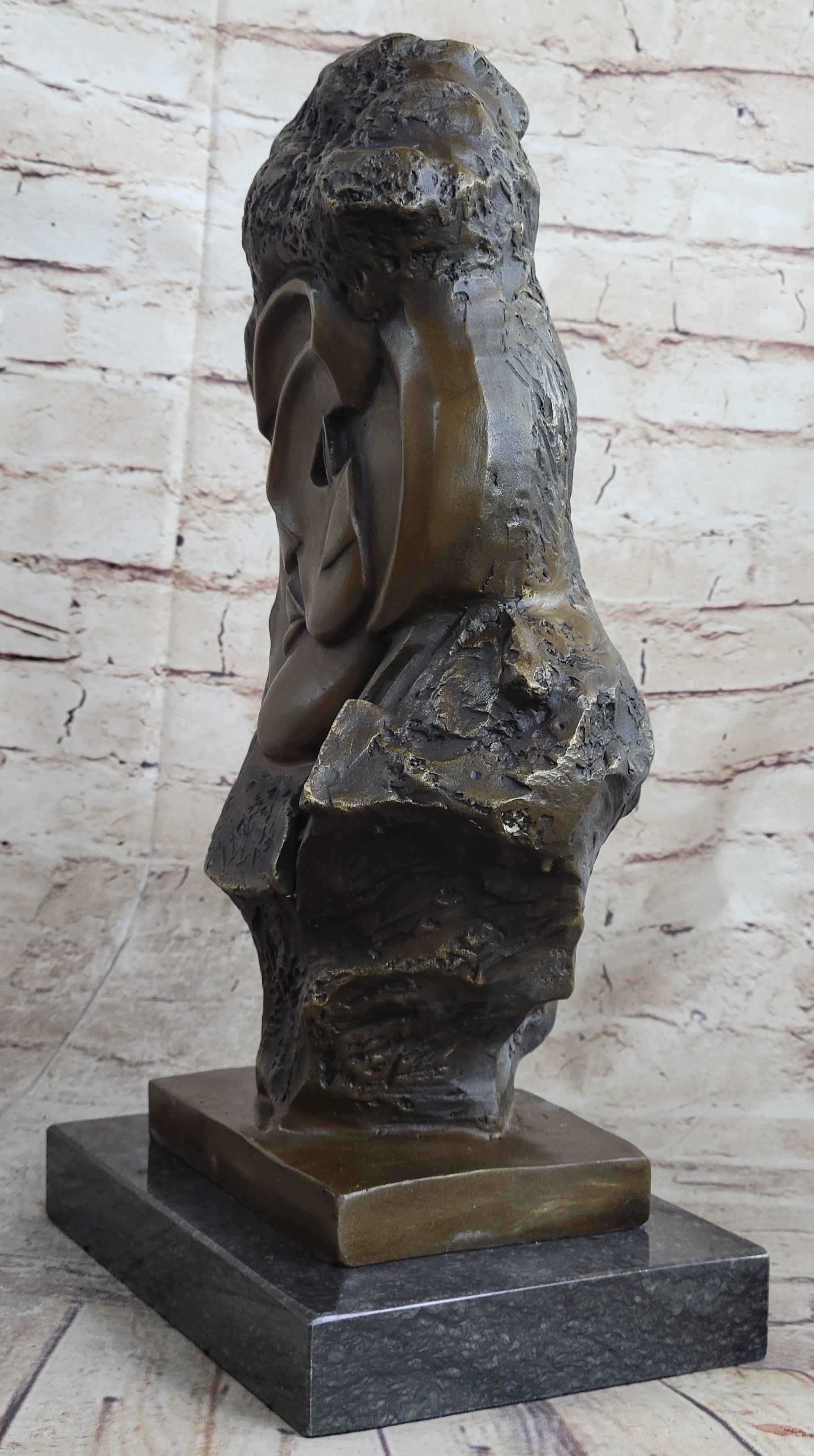 Abstract Bronze Face Sculpture Marble Base Modern Cubism