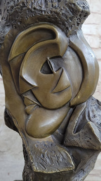 Abstract Bronze Face Sculpture Marble Base Modern Cubism