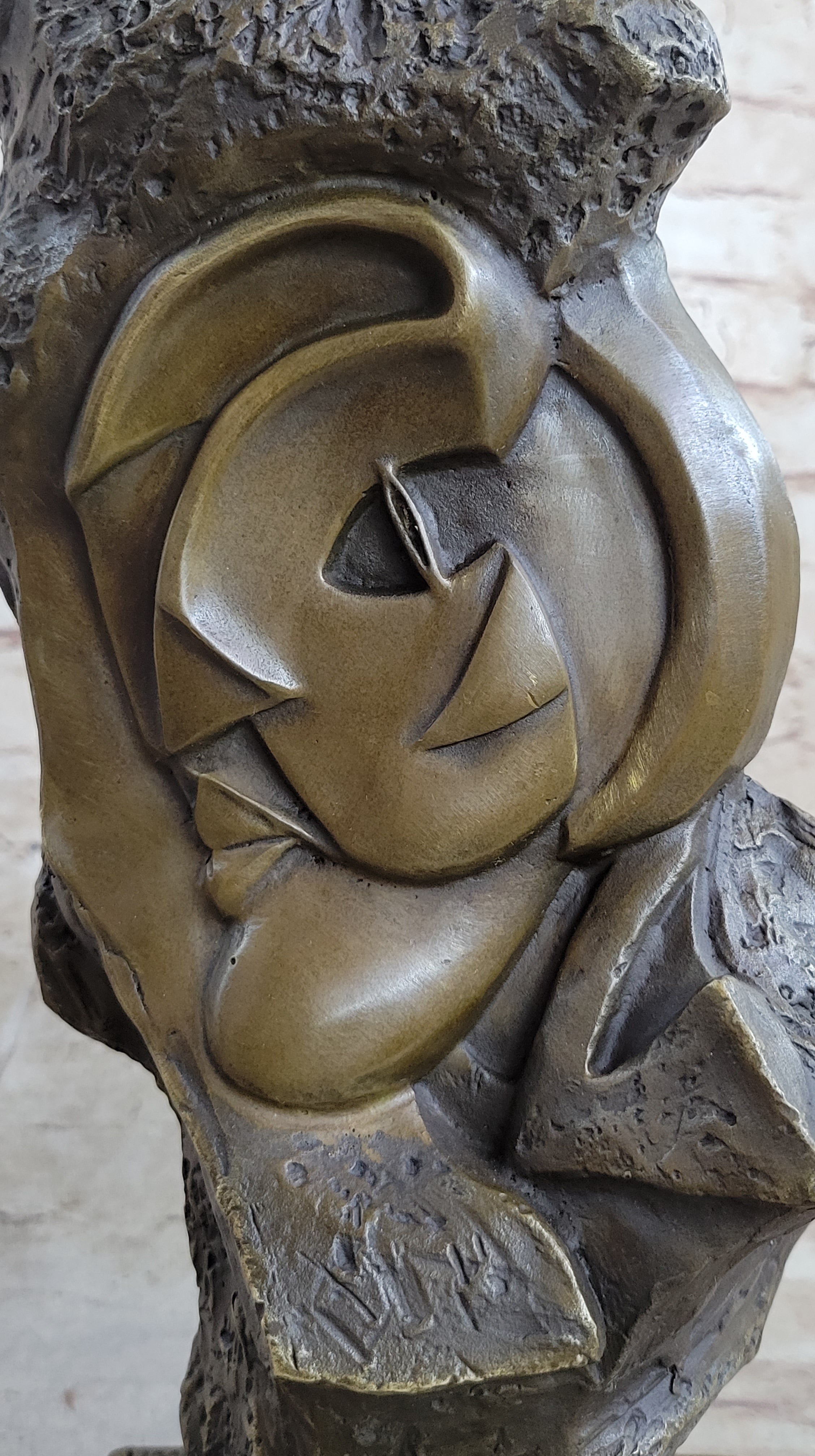 Abstract Bronze Face Sculpture Marble Base Modern Cubism