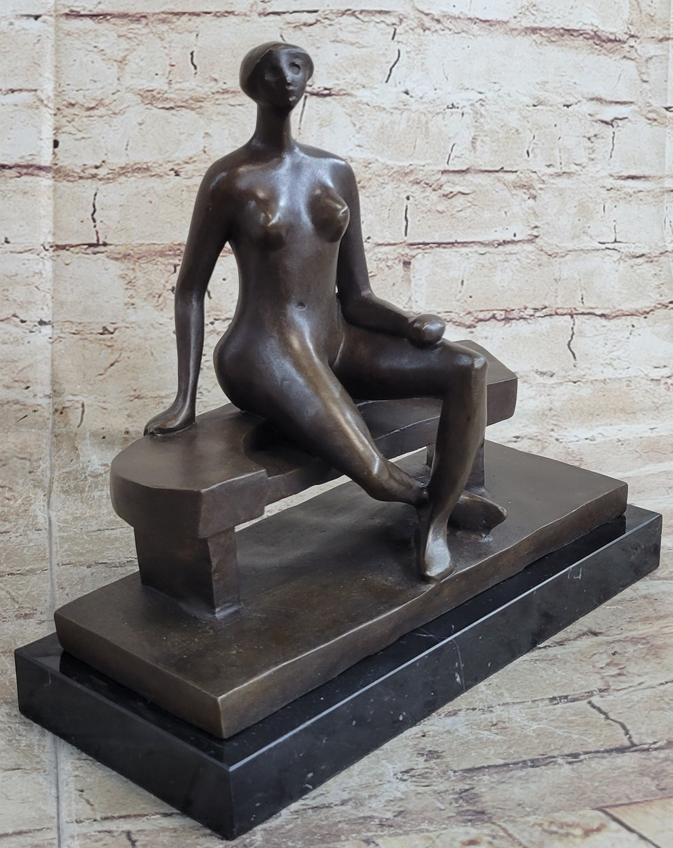 Nude Woman on Park Bench Abstract Bronze Statue Sculpture Figure Henry Moore Art
