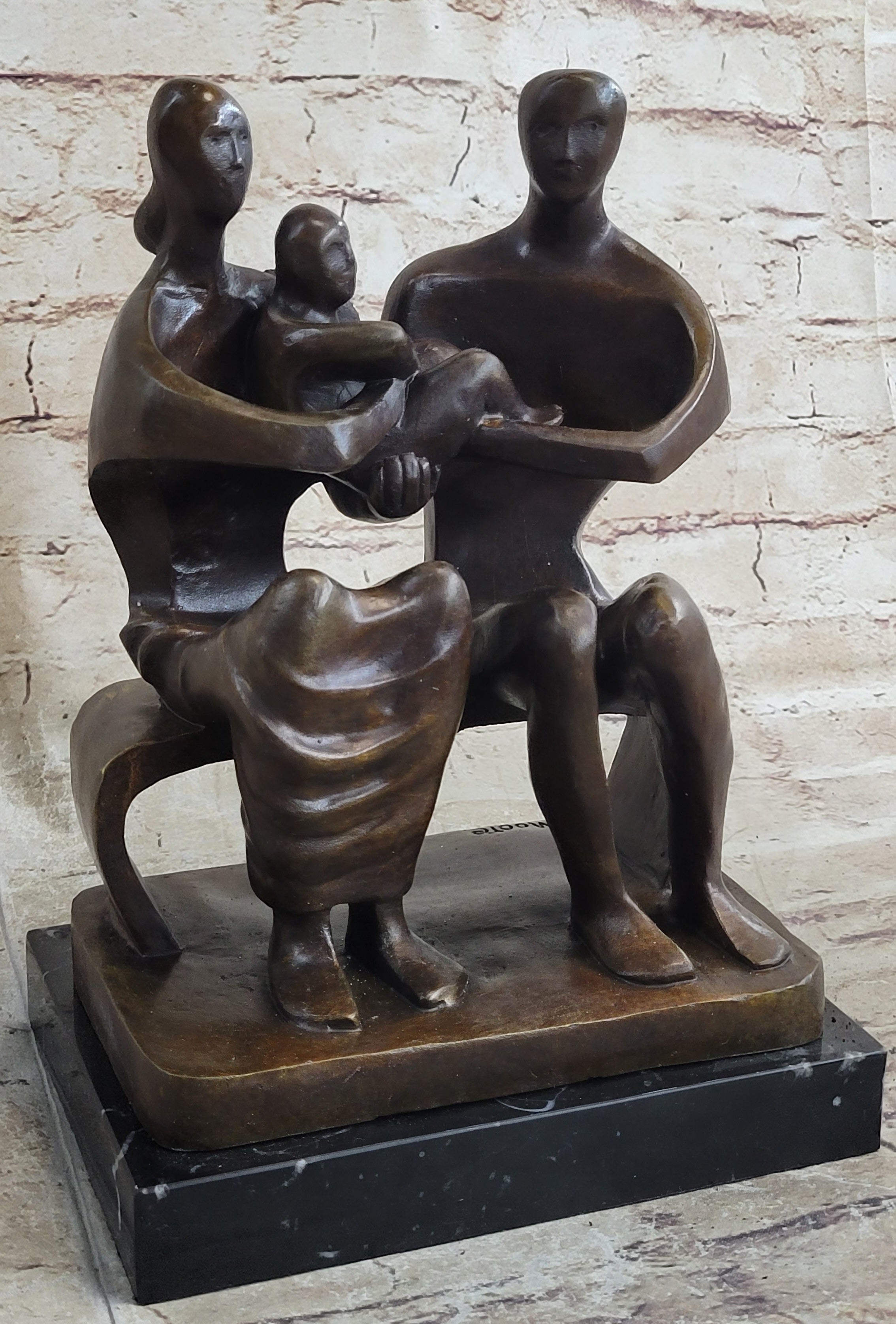 Henry Moore Family in Park Bench Bronze Sculpture Marble Base