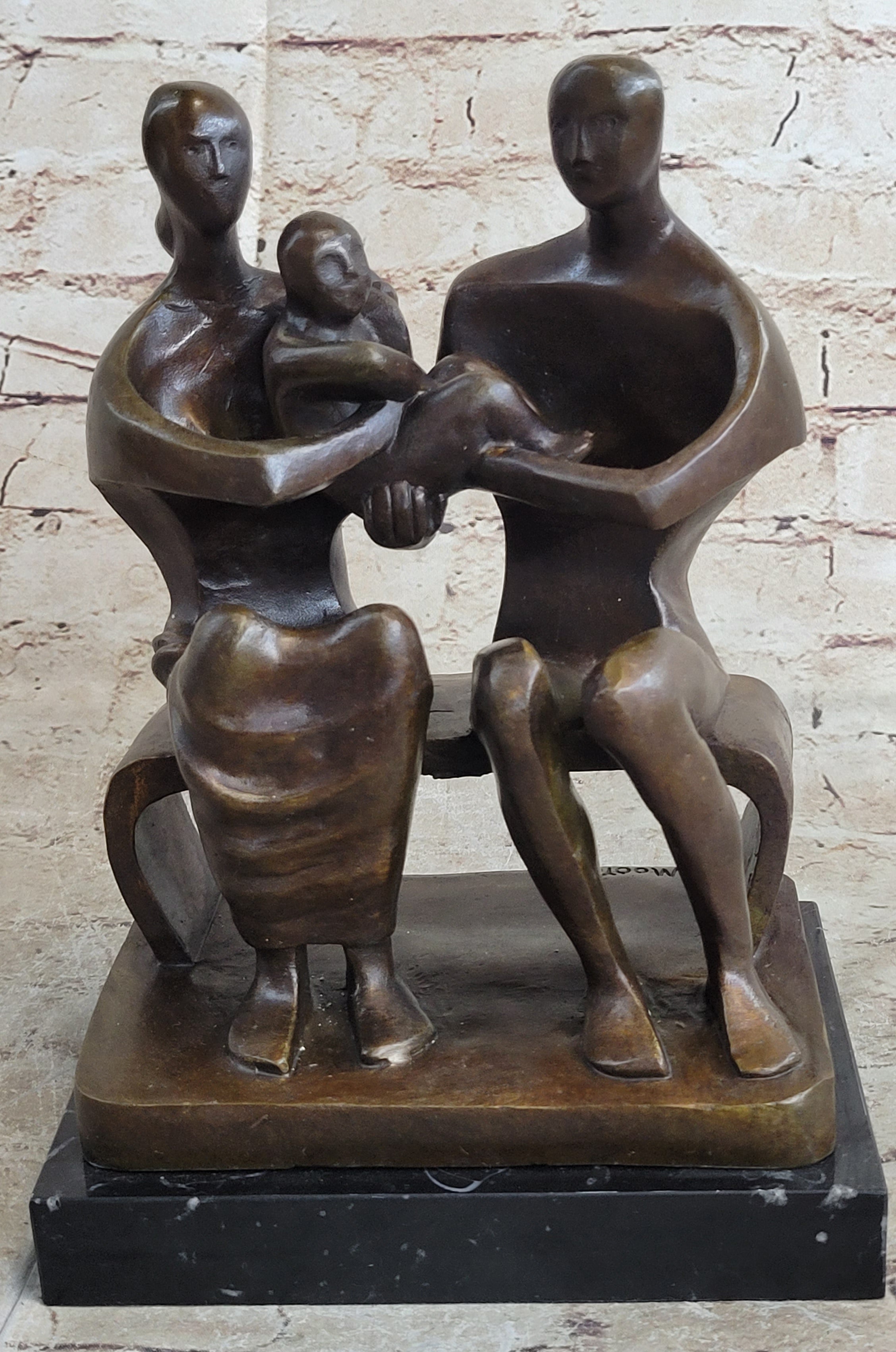Henry Moore Family in Park Bench Bronze Sculpture Marble Base