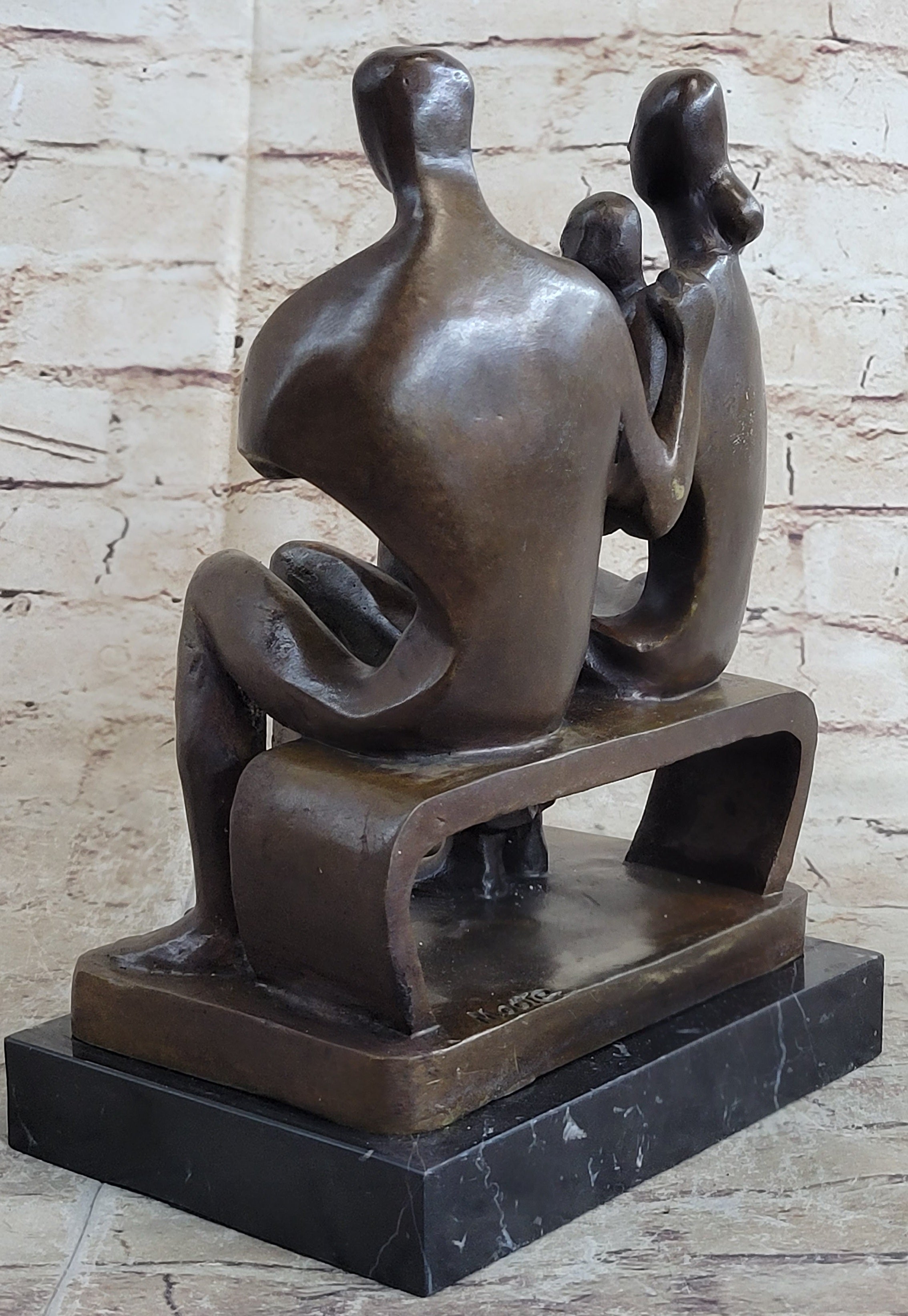 Henry Moore Family in Park Bench Bronze Sculpture Marble Base
