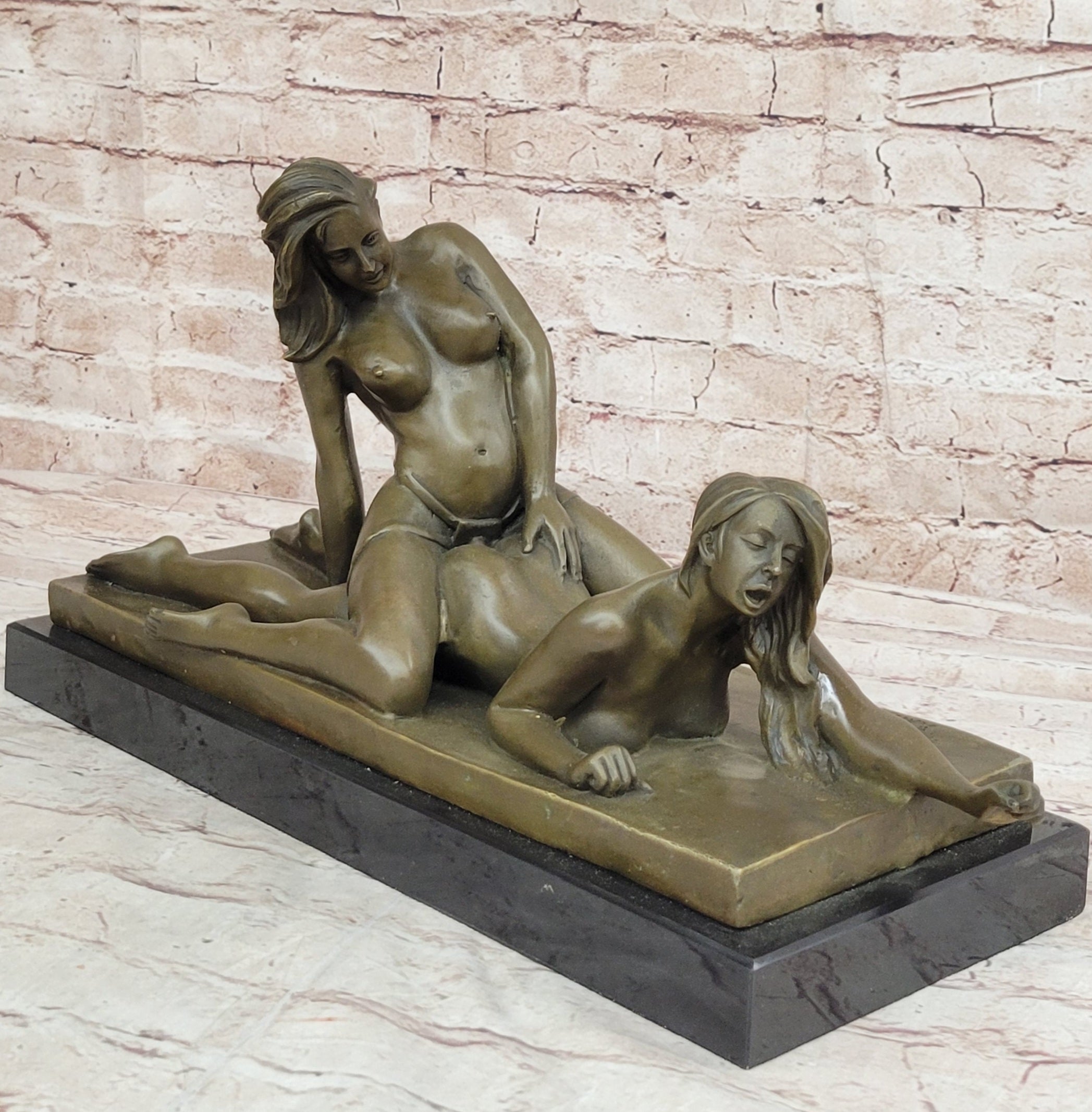 Bronze Erotic Art Sculpture by Mavchi Two Lesbian Lovers Strap-On Sex