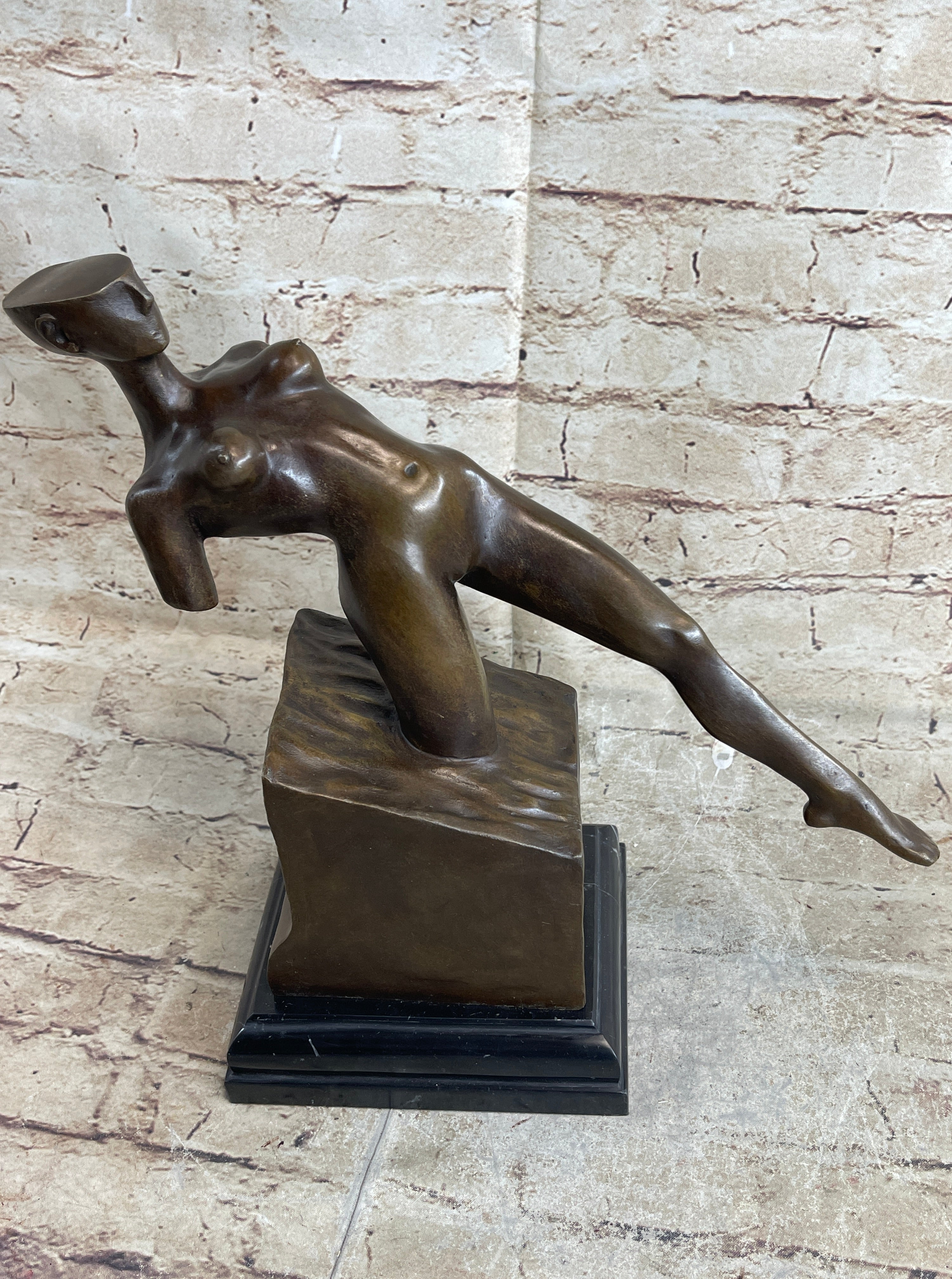 Abstract Surrealism Modern Art Sculpture of Nude Partial Female Figure on Marble Base