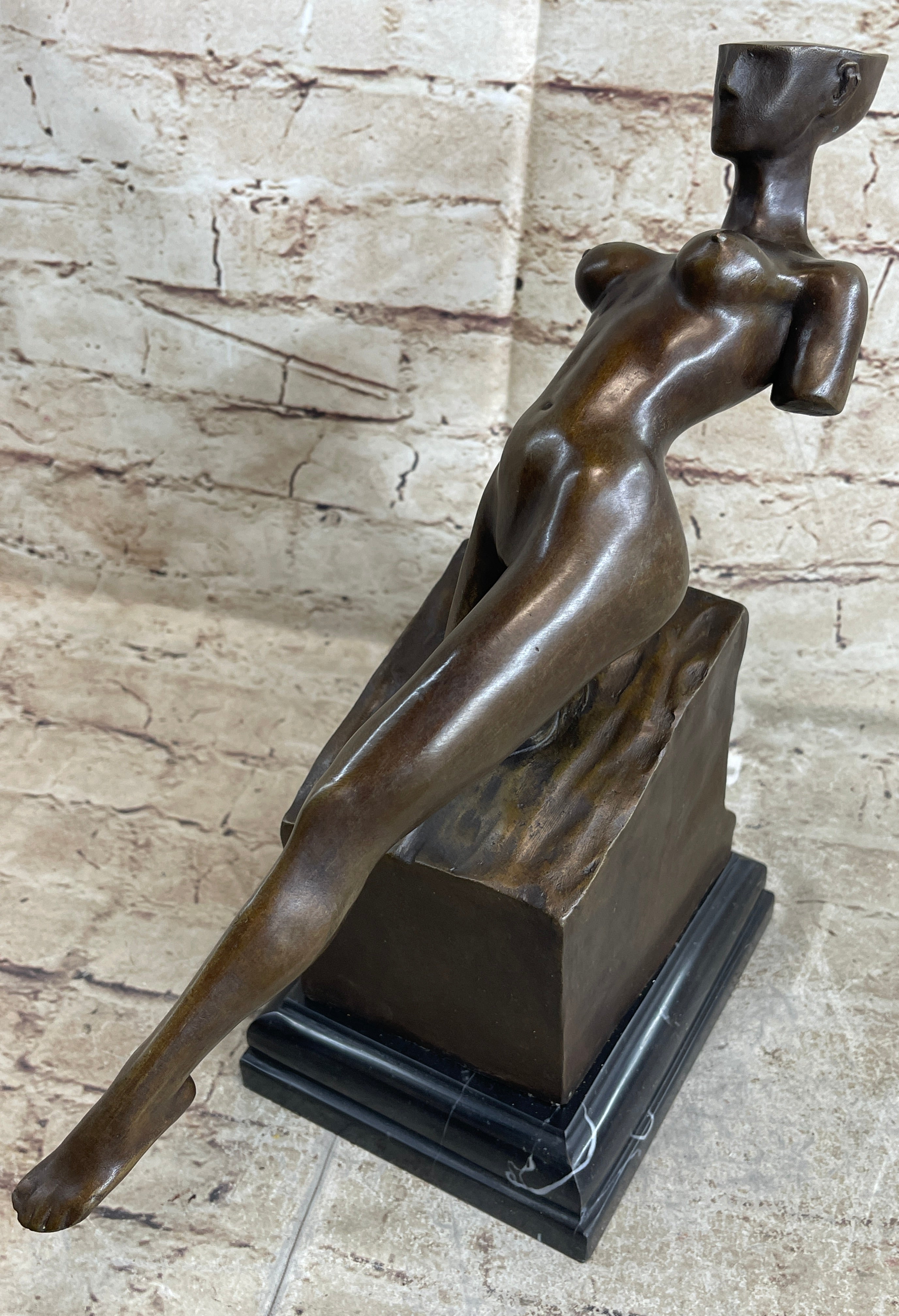 Abstract Surrealism Modern Art Sculpture of Nude Partial Female Figure on Marble Base