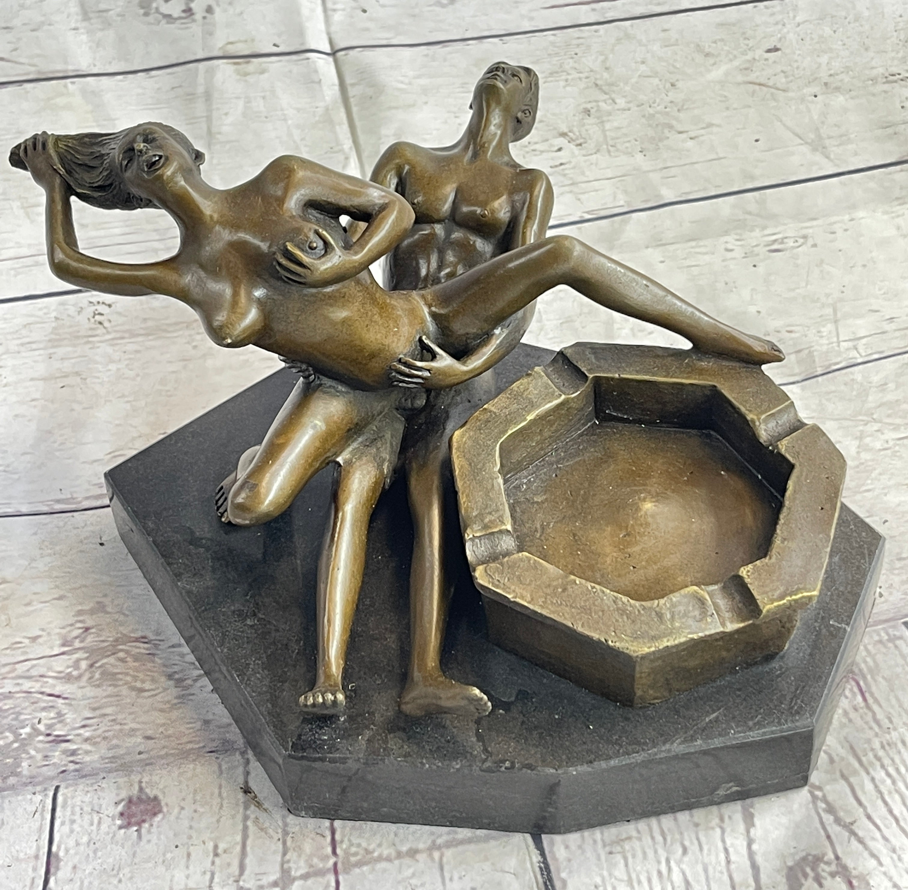 Erotic Sexual Novelty Bronze Metal Ashtray on Marble Base Reverse Cowgirl Mavchi 5" x 12"