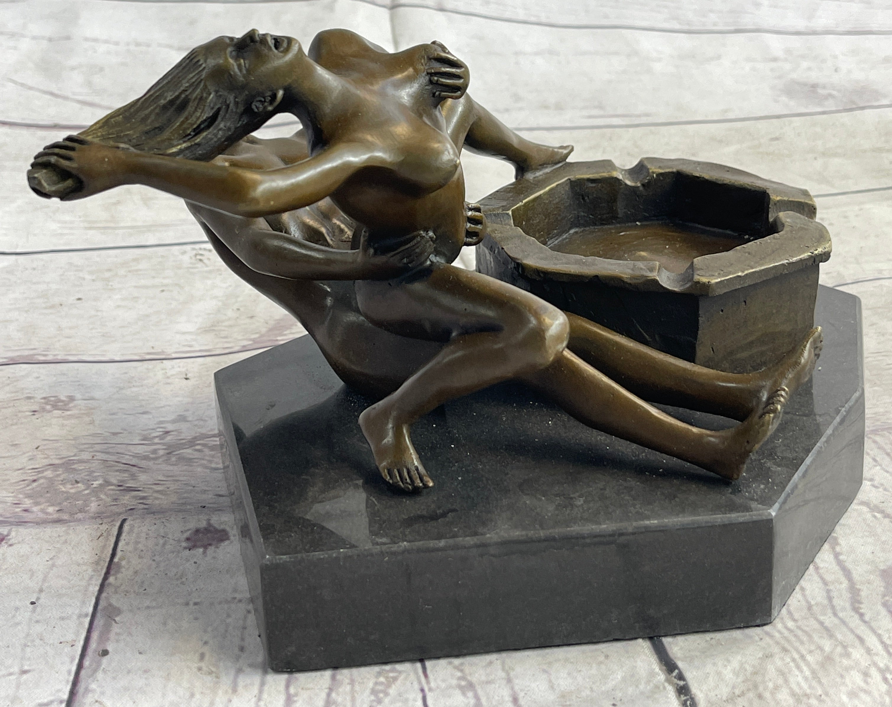 Erotic Sexual Novelty Bronze Metal Ashtray on Marble Base Reverse Cowgirl Mavchi 5" x 12"