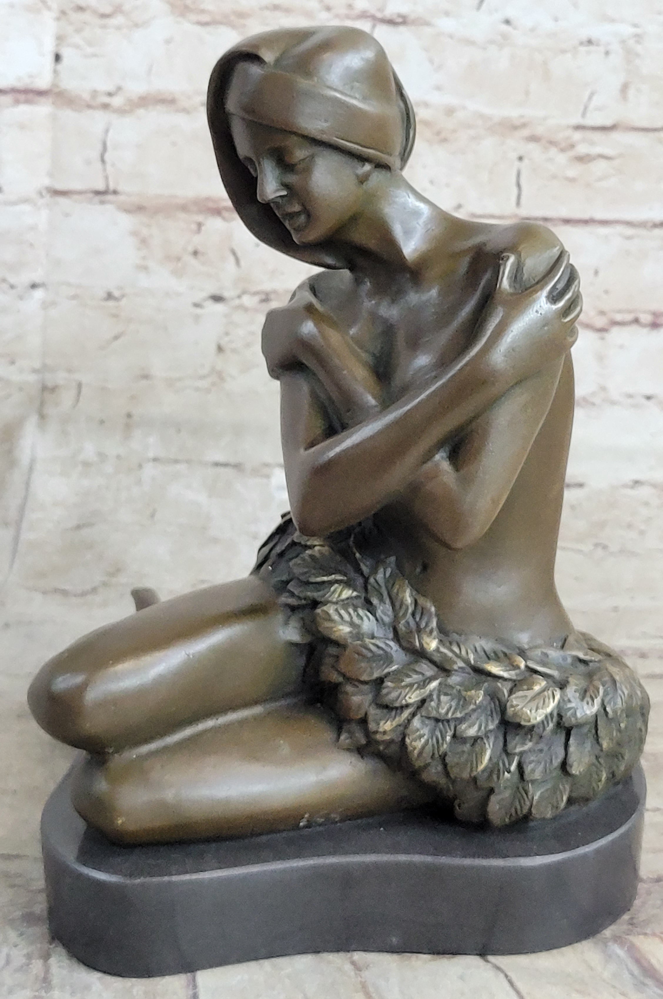 Topless Hawaiian Girl Bronze Figure on Marble Base