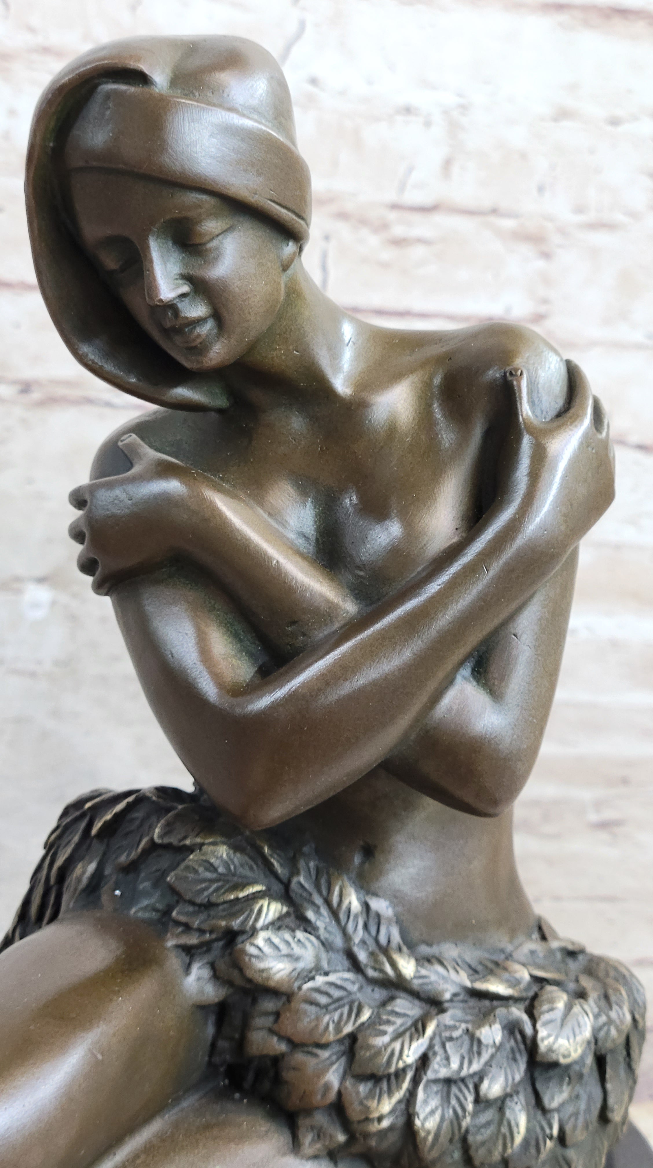 Topless Hawaiian Girl Bronze Figure on Marble Base