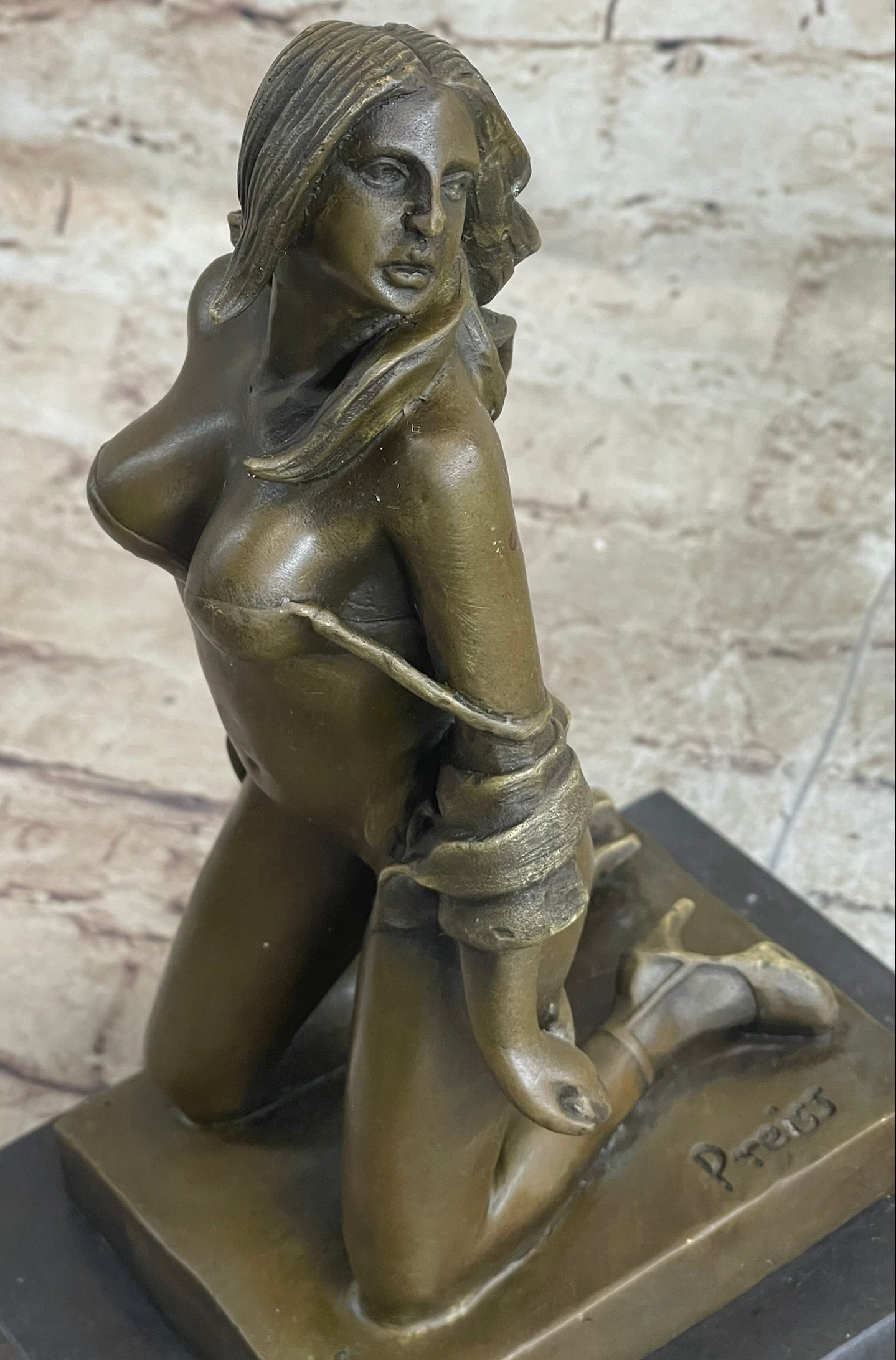 Erotic Nude Female Figure Girl with Whip Bondage Sex Bronze Sculpture Statue Art