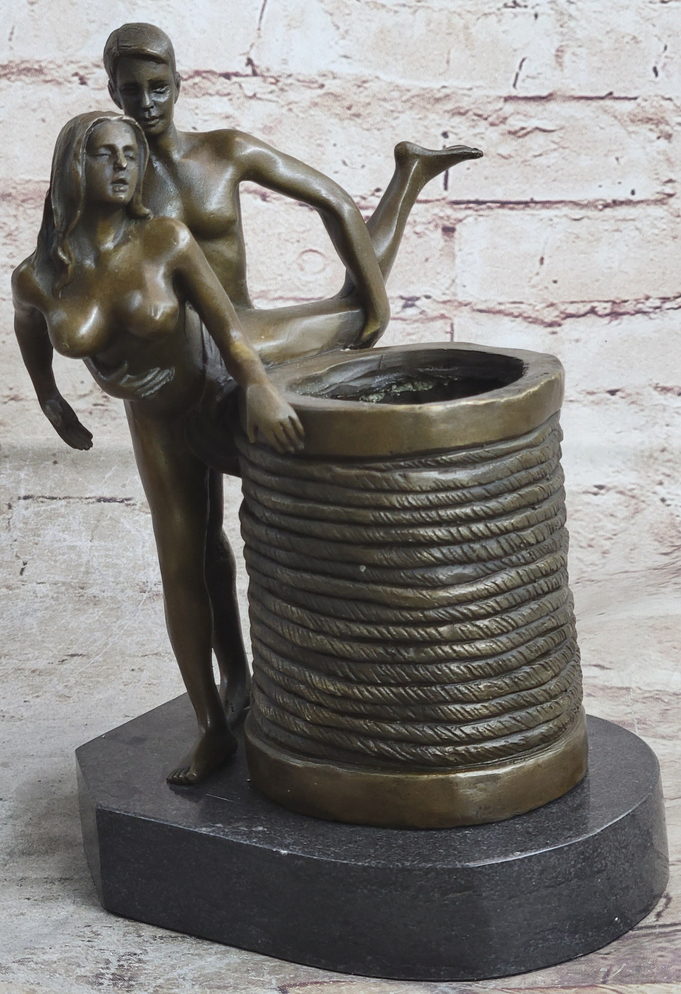 Erotic Real Bronze Sculpture Pen Holder Couple Having Sex Nude Figures