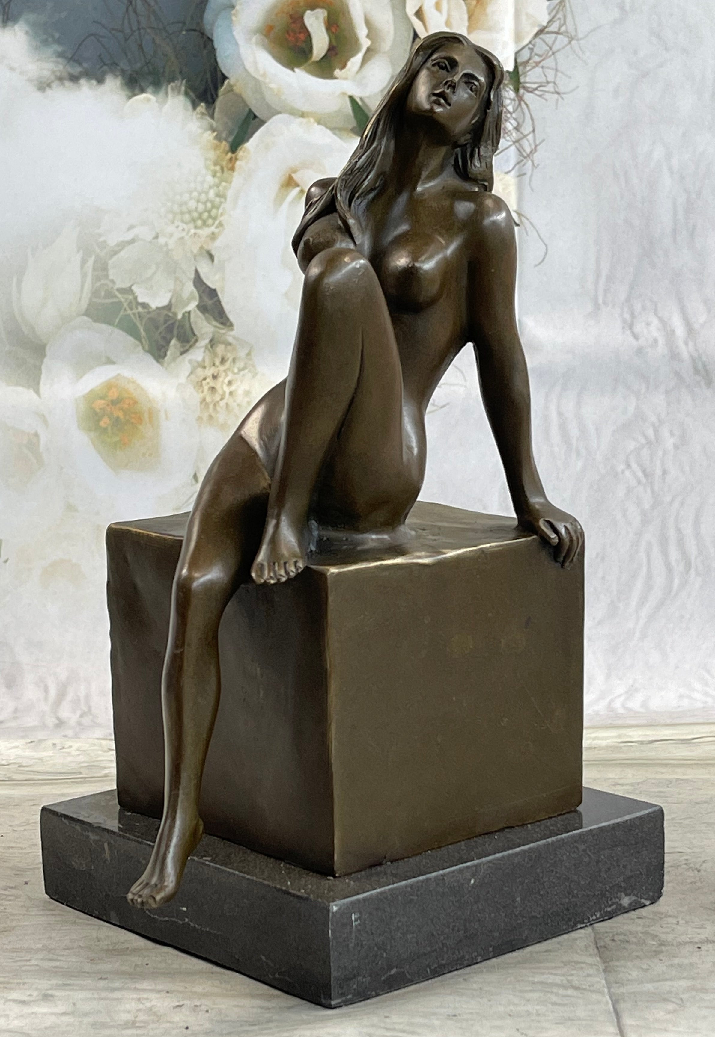 Nude Female Figure Girl Sitting One Leg Up Bronze Sculpture 11" x 5"