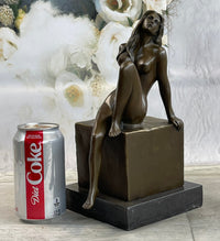 Nude Female Figure Girl Sitting One Leg Up Bronze Sculpture 11" x 5"