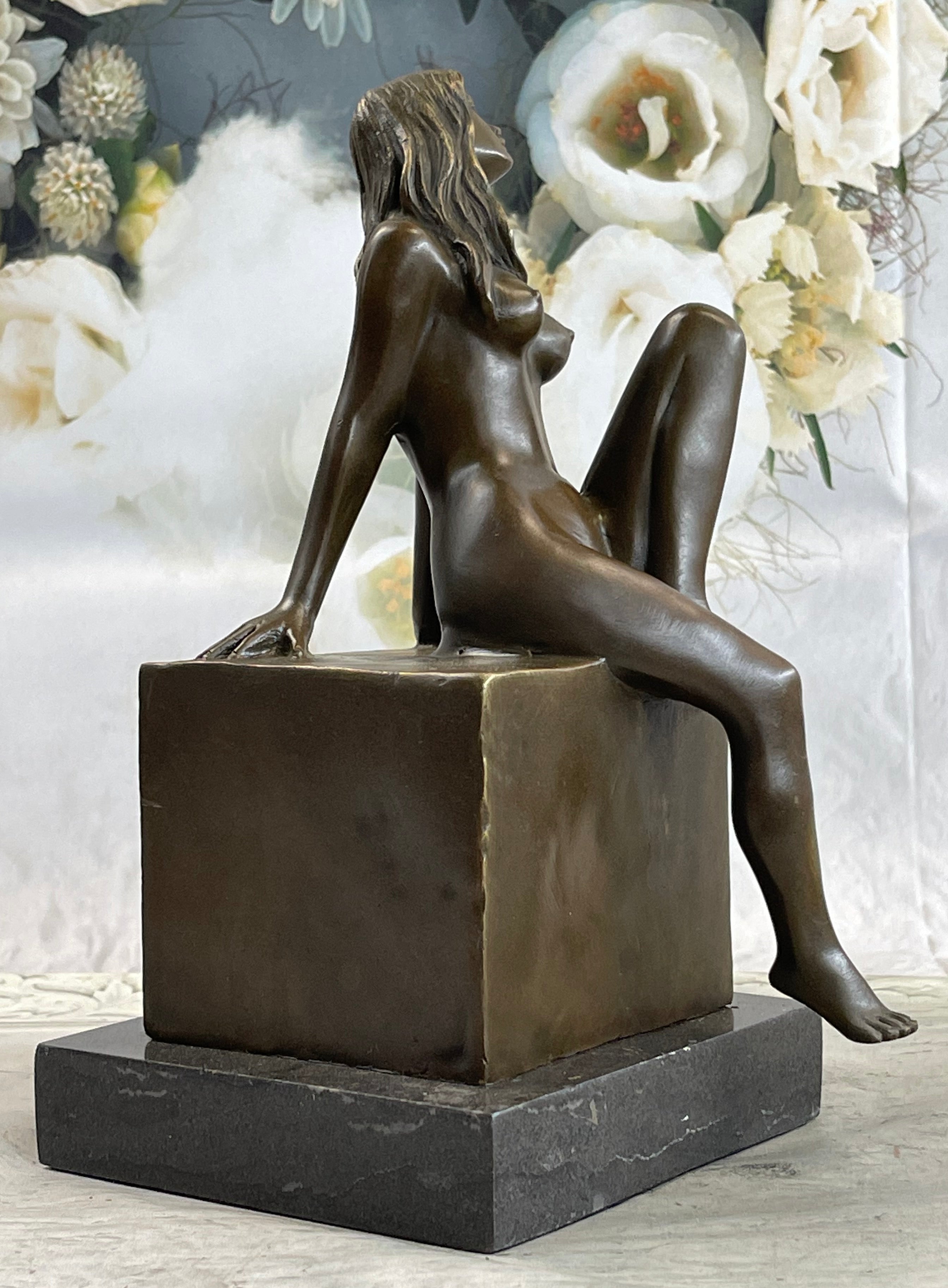 Nude Female Figure Girl Sitting One Leg Up Bronze Sculpture 11" x 5"