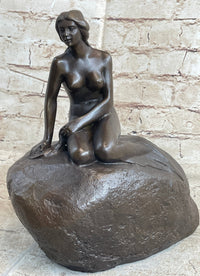 Nude Female Mermaid Figure Sitting on a Rock Bronze Statue Sculpture Signed Art