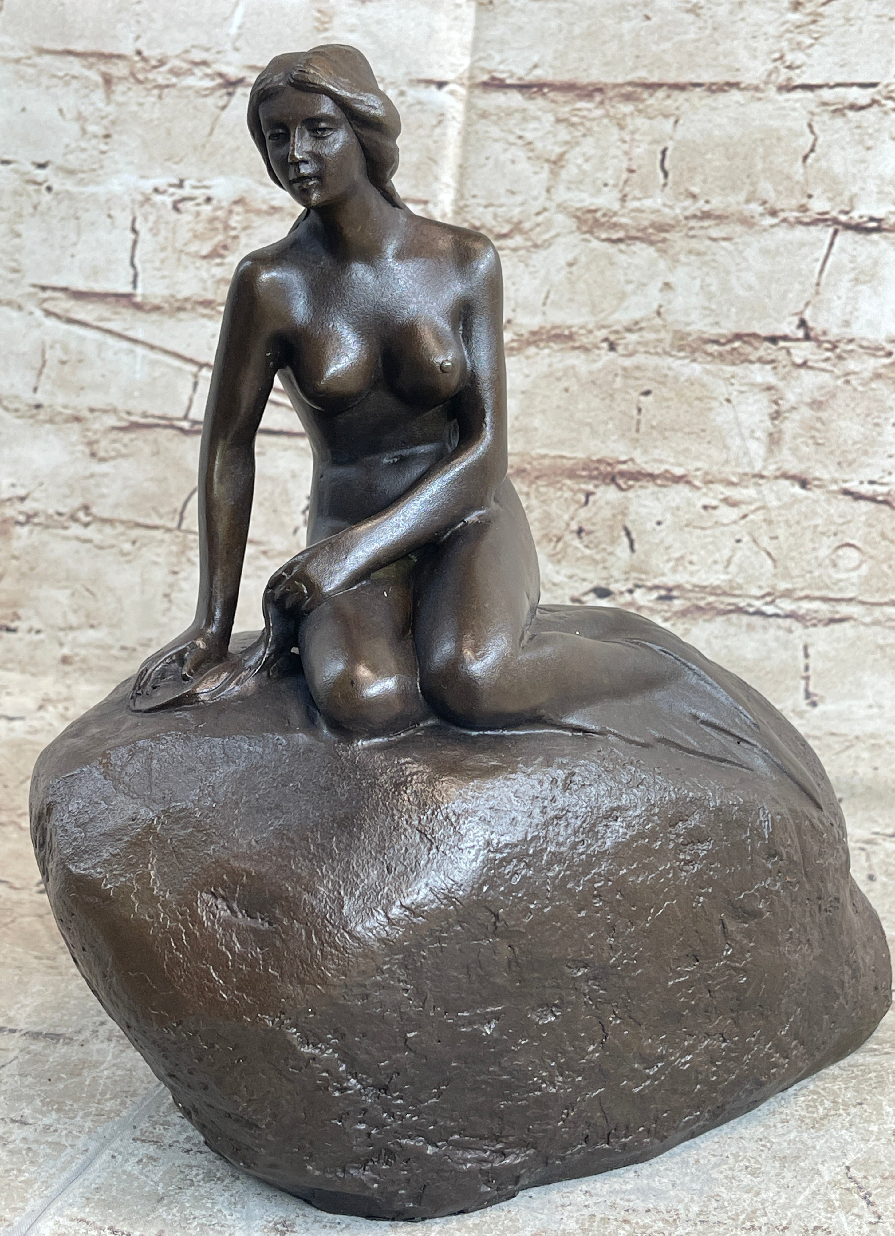 Nude Female Mermaid Figure Sitting on a Rock Bronze Statue Sculpture Signed Art
