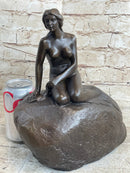 Nude Female Mermaid Figure Sitting on a Rock Bronze Statue Sculpture Signed Art