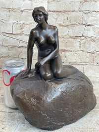 Nude Female Mermaid Figure Sitting on a Rock Bronze Statue Sculpture Signed Art