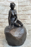 Nude Female Mermaid Figure Sitting on a Rock Bronze Statue Sculpture Signed Art
