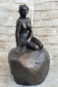 Nude Female Mermaid Figure Sitting on a Rock Bronze Statue Sculpture Signed Art