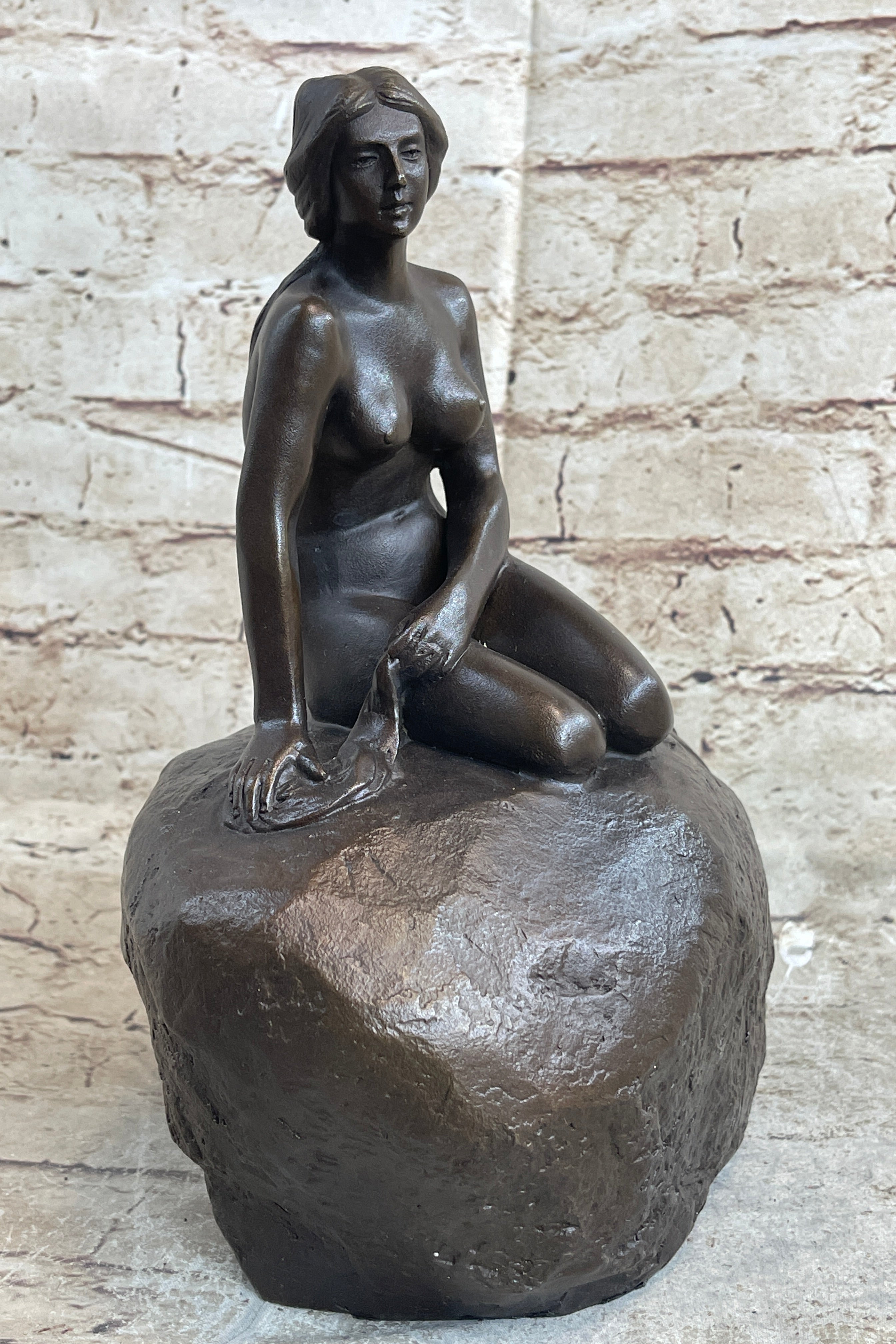 Nude Female Mermaid Figure Sitting on a Rock Bronze Statue Sculpture Signed Art
