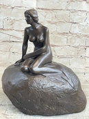 Nude Female Mermaid Figure Sitting on a Rock Bronze Statue Sculpture Signed Art