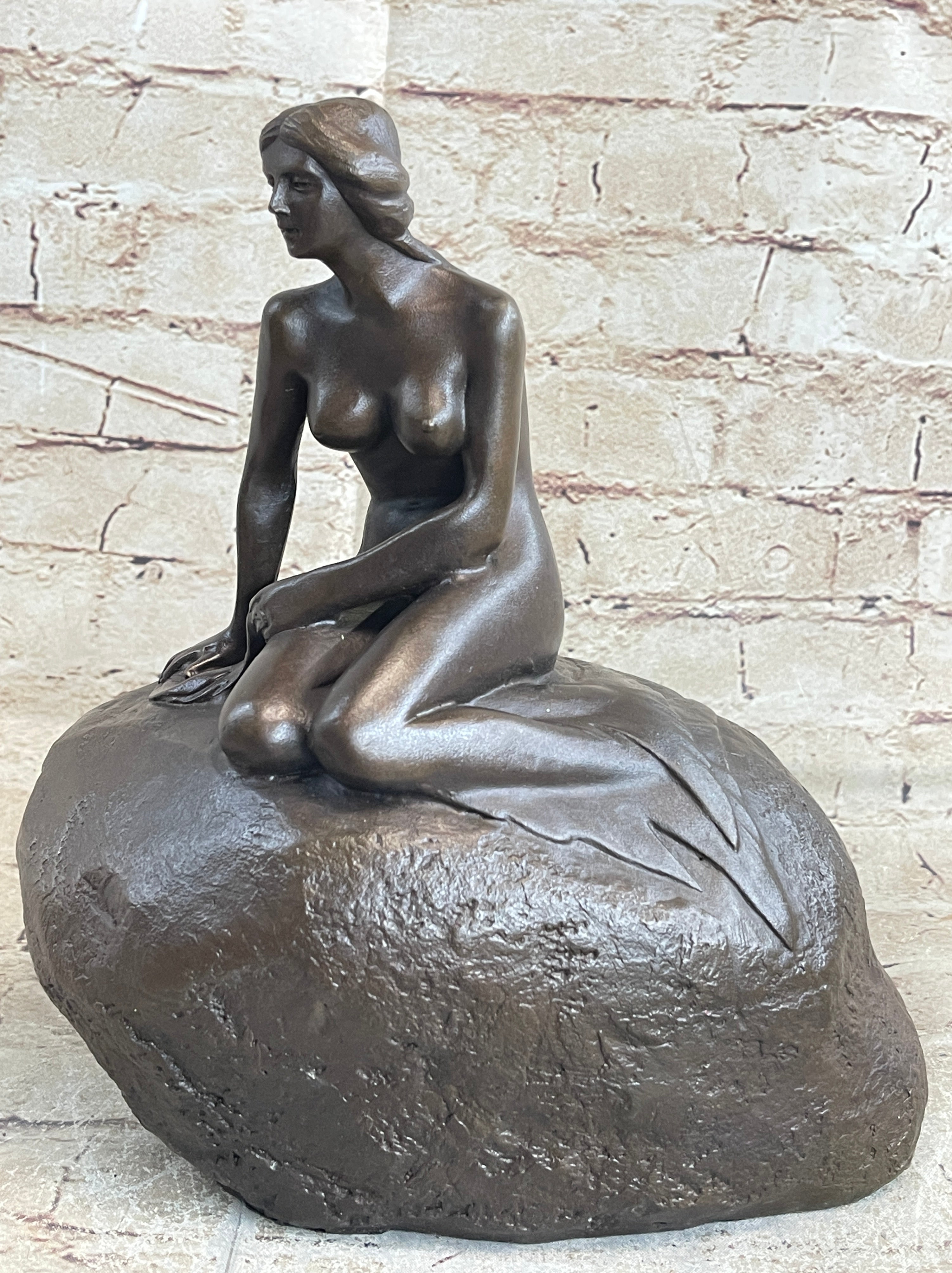 Nude Female Mermaid Figure Sitting on a Rock Bronze Statue Sculpture Signed Art