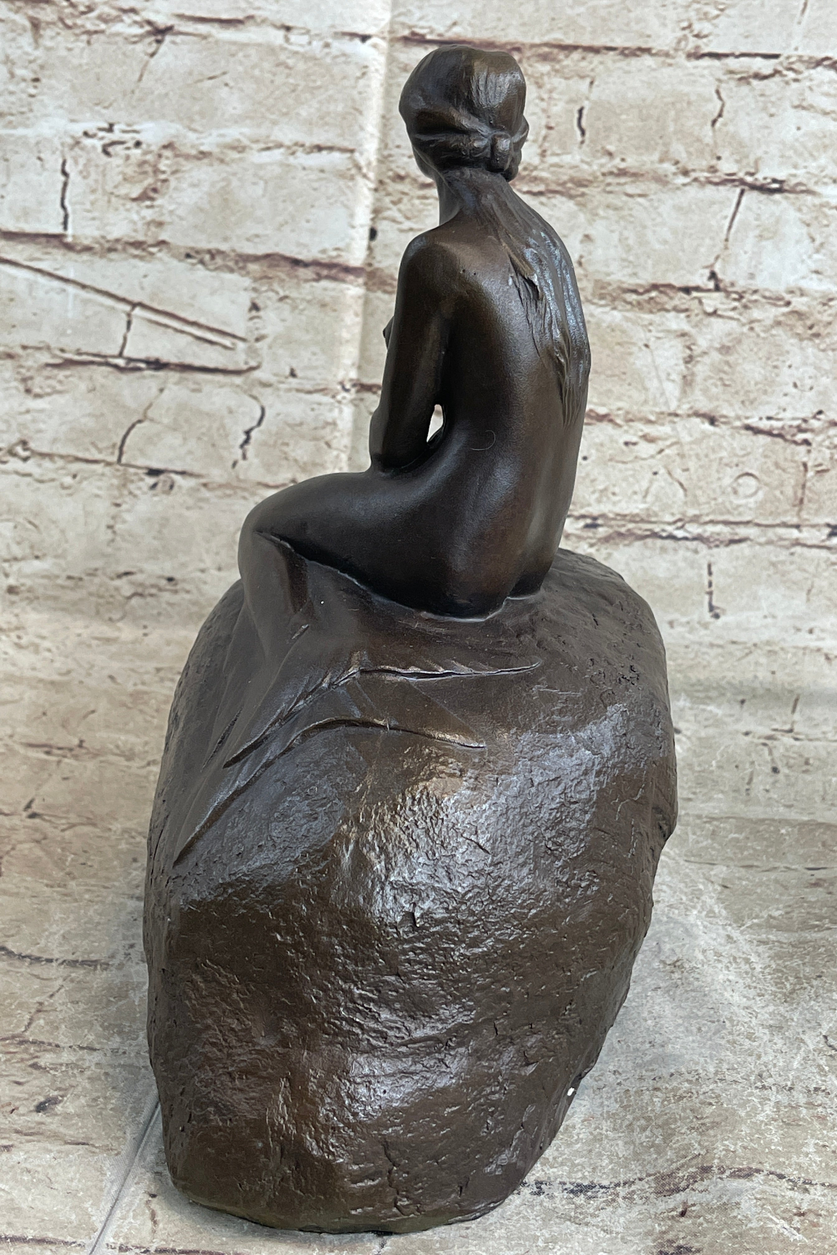 Nude Female Mermaid Figure Sitting on a Rock Bronze Statue Sculpture Signed Art