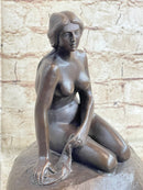 Nude Female Mermaid Figure Sitting on a Rock Bronze Statue Sculpture Signed Art