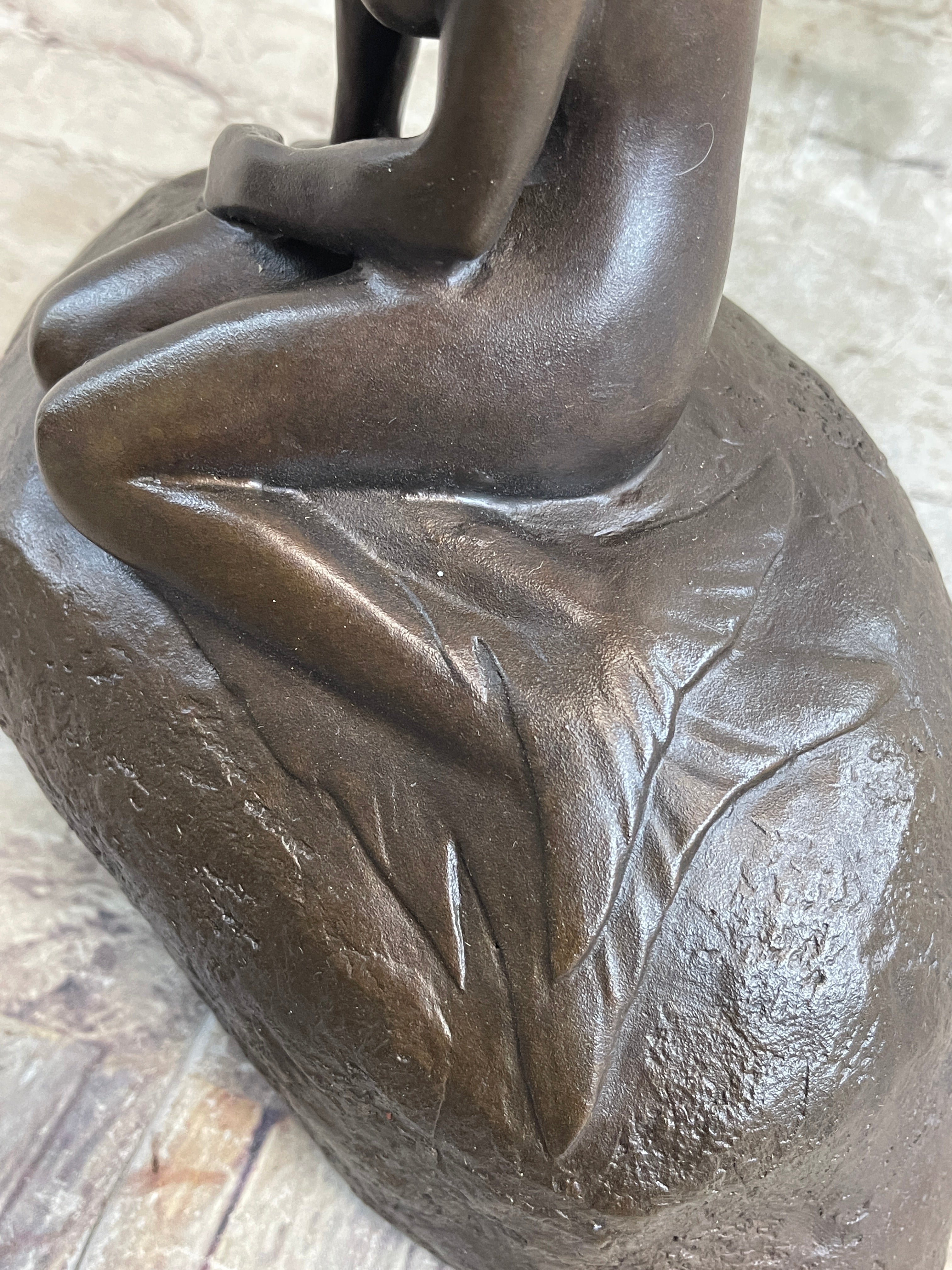 Nude Female Mermaid Figure Sitting on a Rock Bronze Statue Sculpture Signed Art