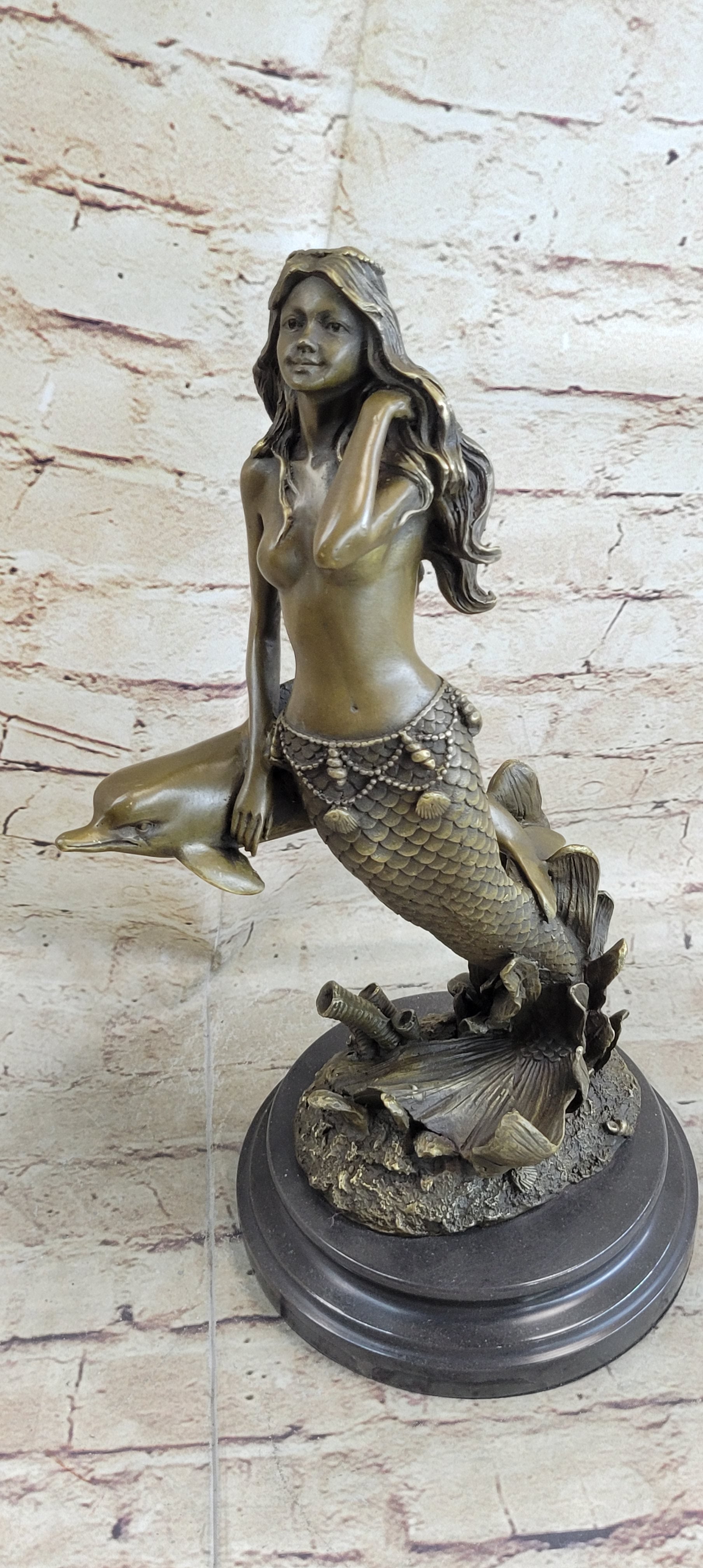 Mermaid and Dolphin Bronze Sculpture 14" x 9" Marble Base