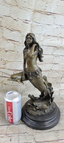 Mermaid and Dolphin Bronze Sculpture 14" x 9" Marble Base