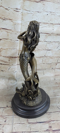 Mermaid and Dolphin Bronze Sculpture 14" x 9" Marble Base