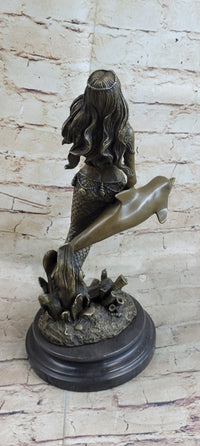 Mermaid and Dolphin Bronze Sculpture 14" x 9" Marble Base