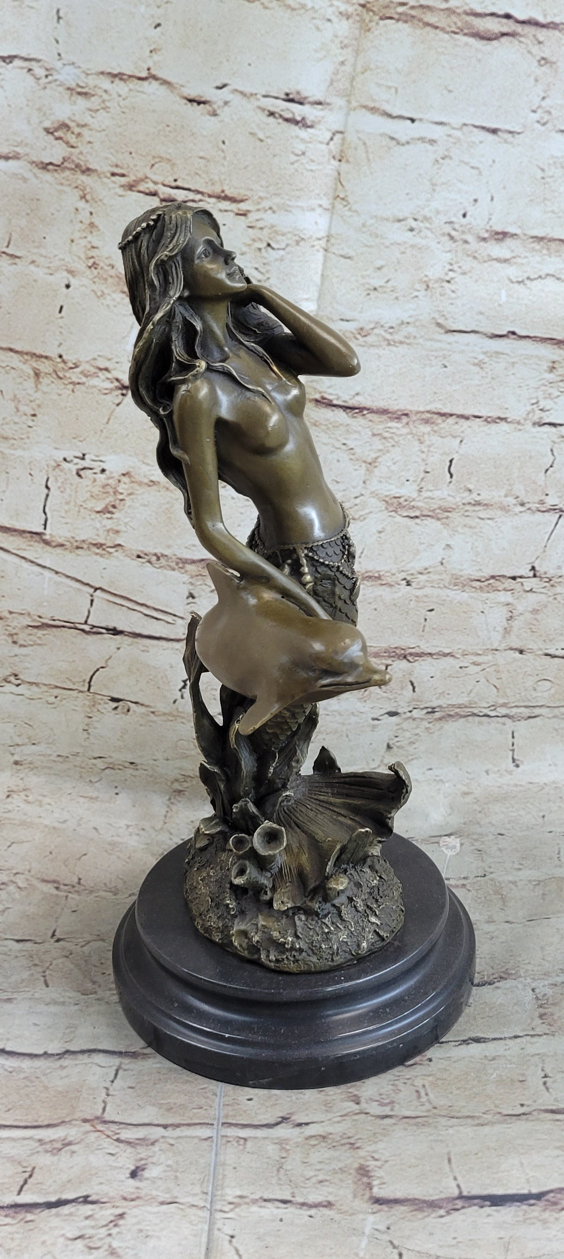 Mermaid and Dolphin Bronze Sculpture 14" x 9" Marble Base