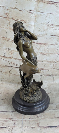 Mermaid and Dolphin Bronze Sculpture 14" x 9" Marble Base