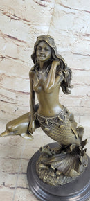 Mermaid and Dolphin Bronze Sculpture 14" x 9" Marble Base