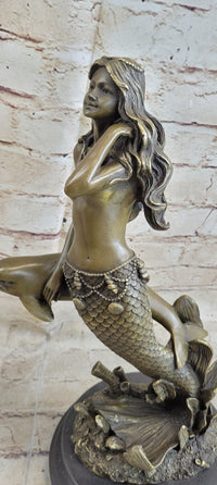 Mermaid and Dolphin Bronze Sculpture 14" x 9" Marble Base