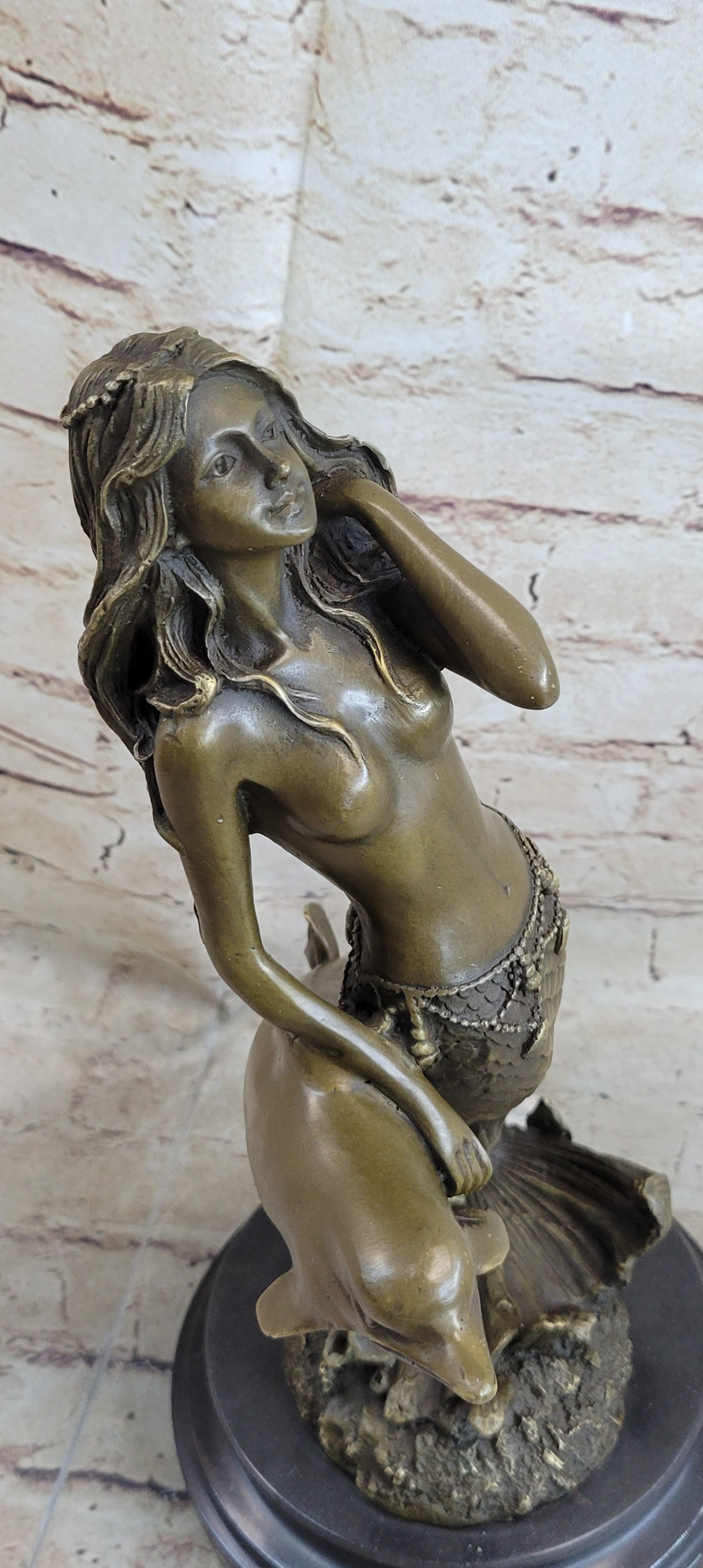 Mermaid and Dolphin Bronze Sculpture 14" x 9" Marble Base