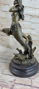 Mermaid and Dolphin Bronze Sculpture 14" x 9" Marble Base